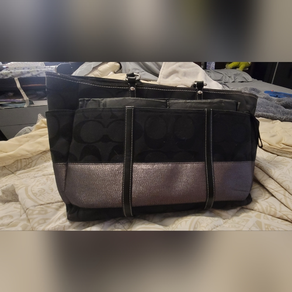 Coach Signature Black & Silver Baby Diaper Tote Shoulder Bag Purse